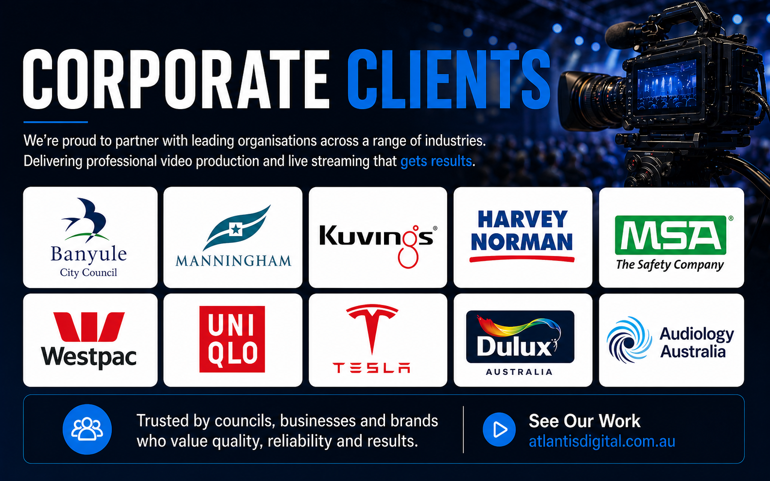 Corporate clients including Banyule City Council, Manningham, Kuvings, Harvey Norman, MSA, Westpac, Uniqlo, Tesla, Dulux and Audiology Australia