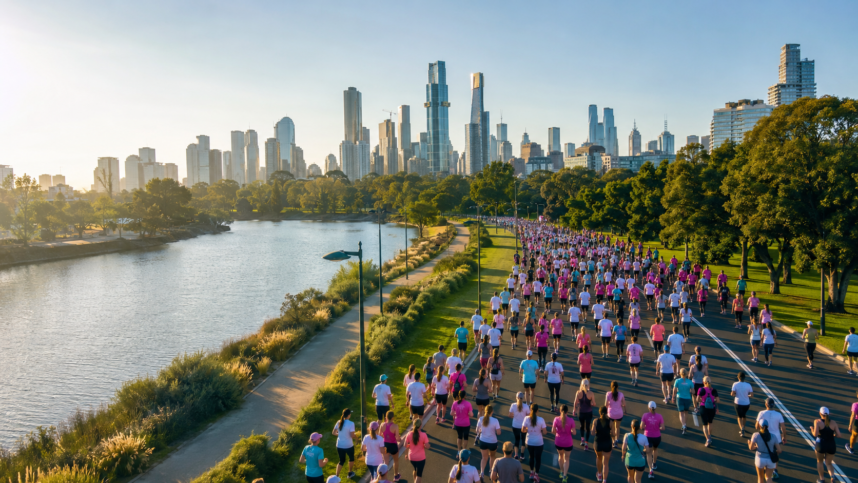 Aerial view of a Melbourne charity run beside the river and city skyline
